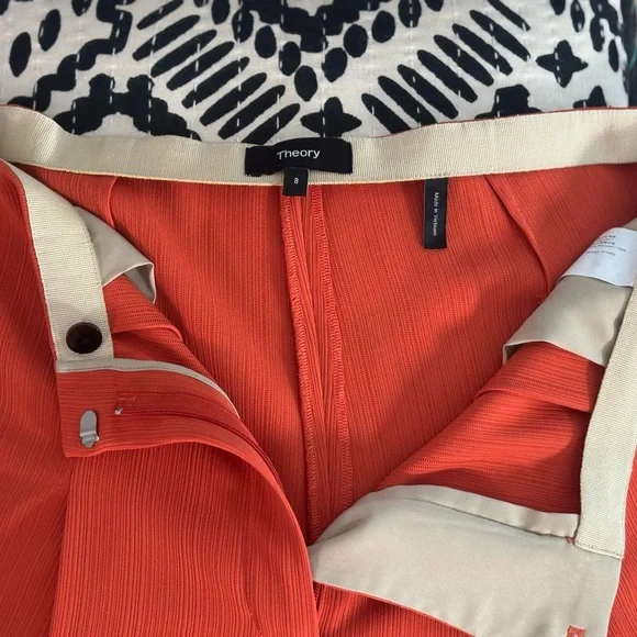 Theory Wide-Leg Pleated Pants Admiral Stripe Orange Poppy Size 8 - Picture 7 of 9